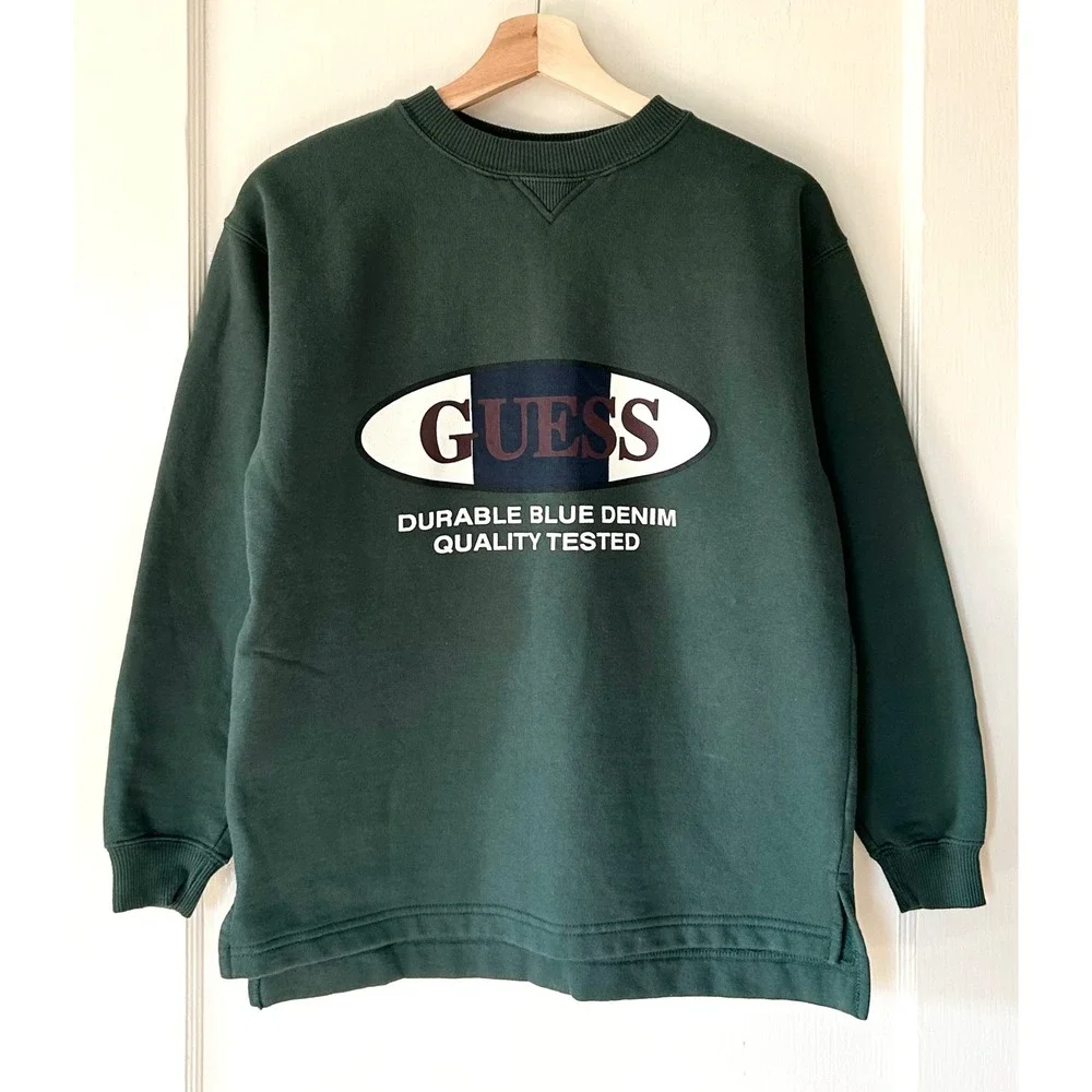 Vintage Guess Logo Cotton Fleece Crewneck Pullover Sweatshirt Green Boys L Retro